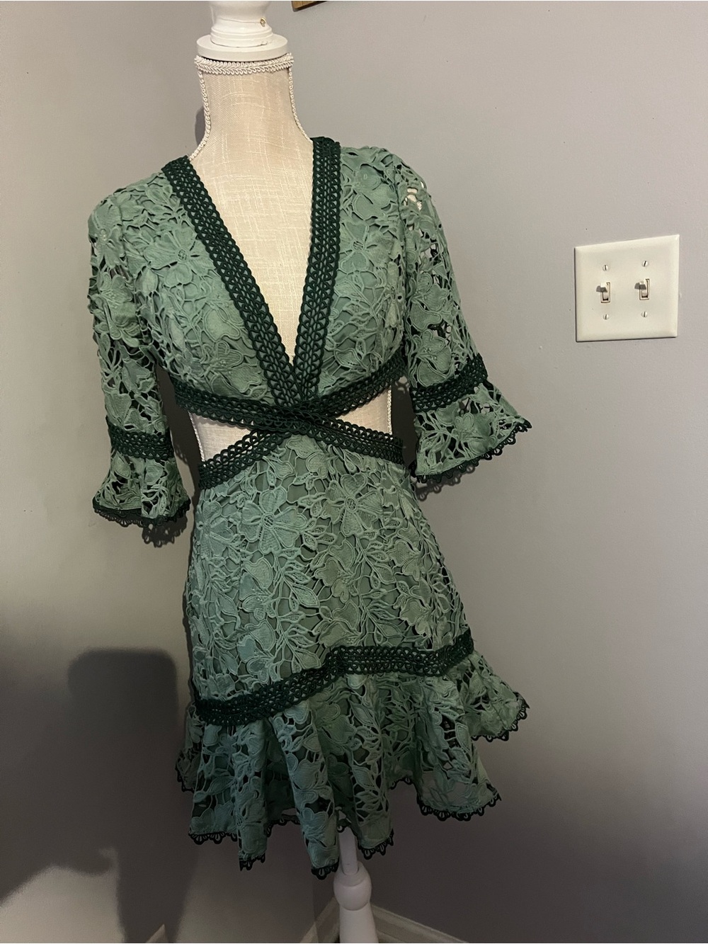 Green Lace Cutout Mini Dress with Crochet Trim